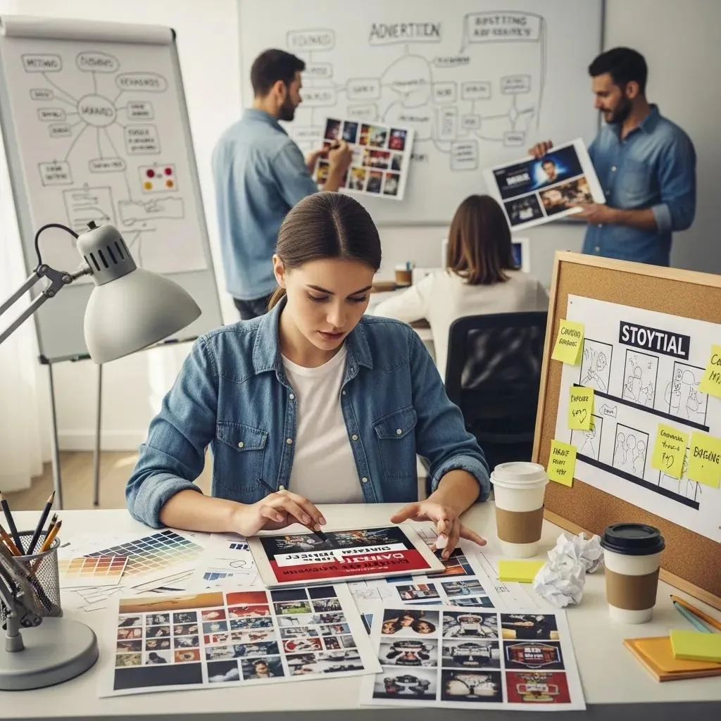 Designer illustrating core elements of creative advertising with digital tools and storyboards